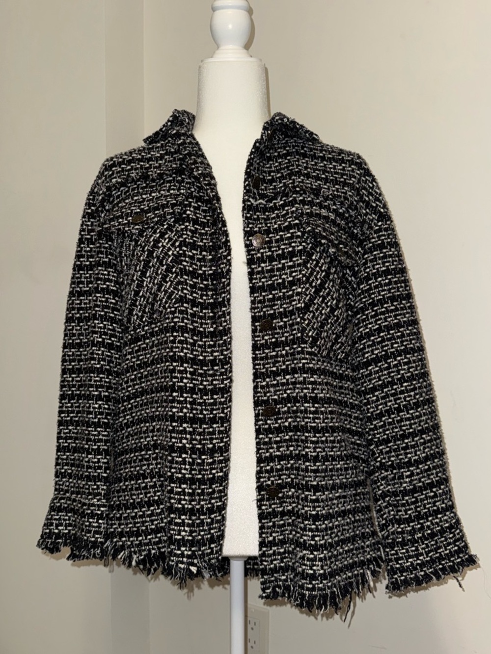 Elan Black & White Tweed Fringed Blazer Jacket